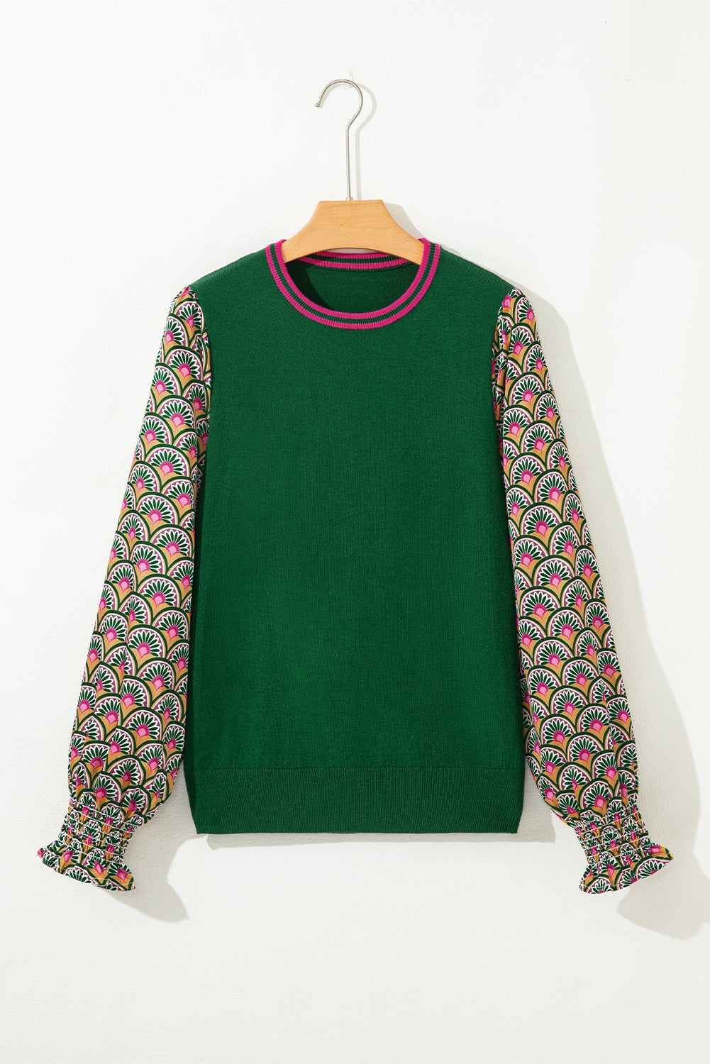 Green Floral Patchwork Shirred Cuff Puff Sleeve Sweater