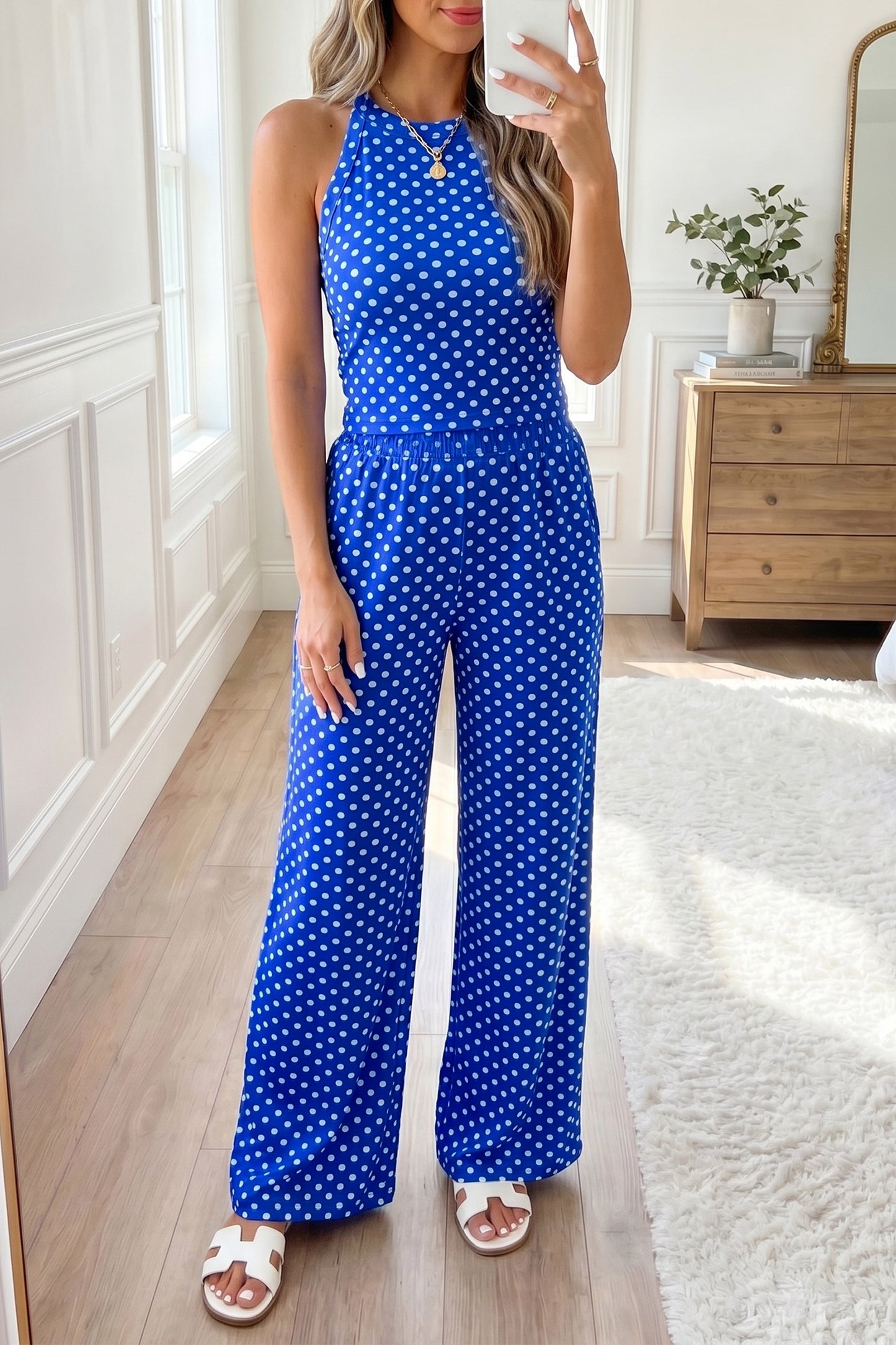 Blue Polka Dot Print Slim Tank Loose Fit Pant Set