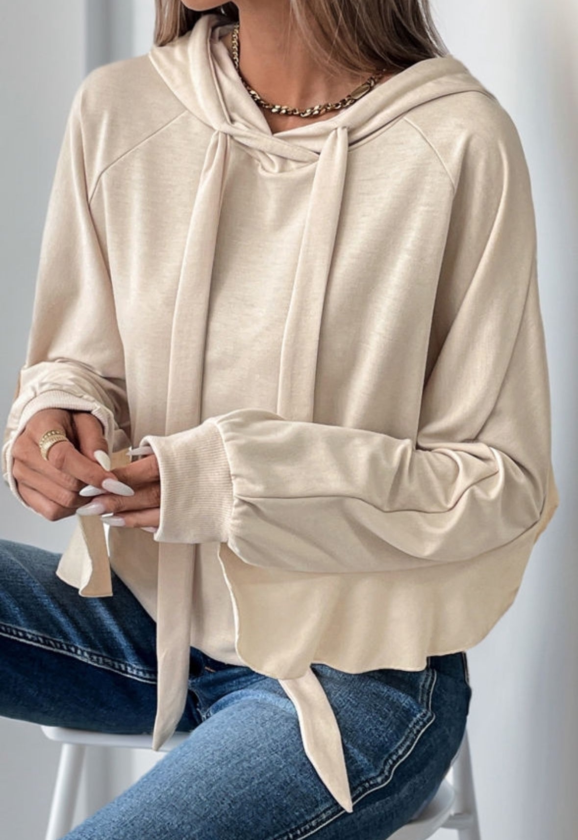 Beige Ruffled Edge Drawstring Hoodie