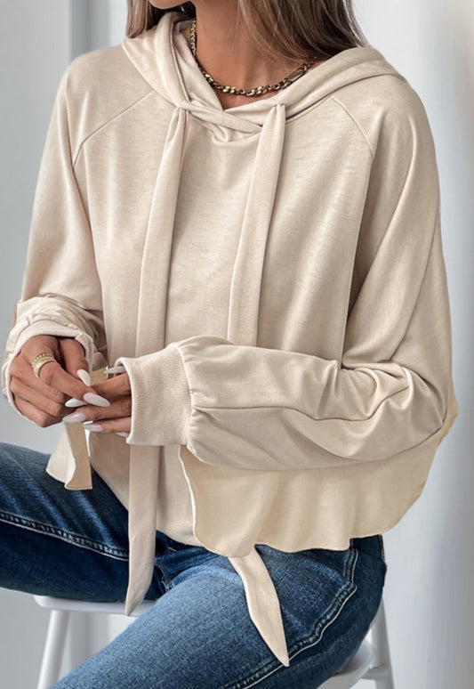 Beige Ruffled Edge Drawstring Hoodie