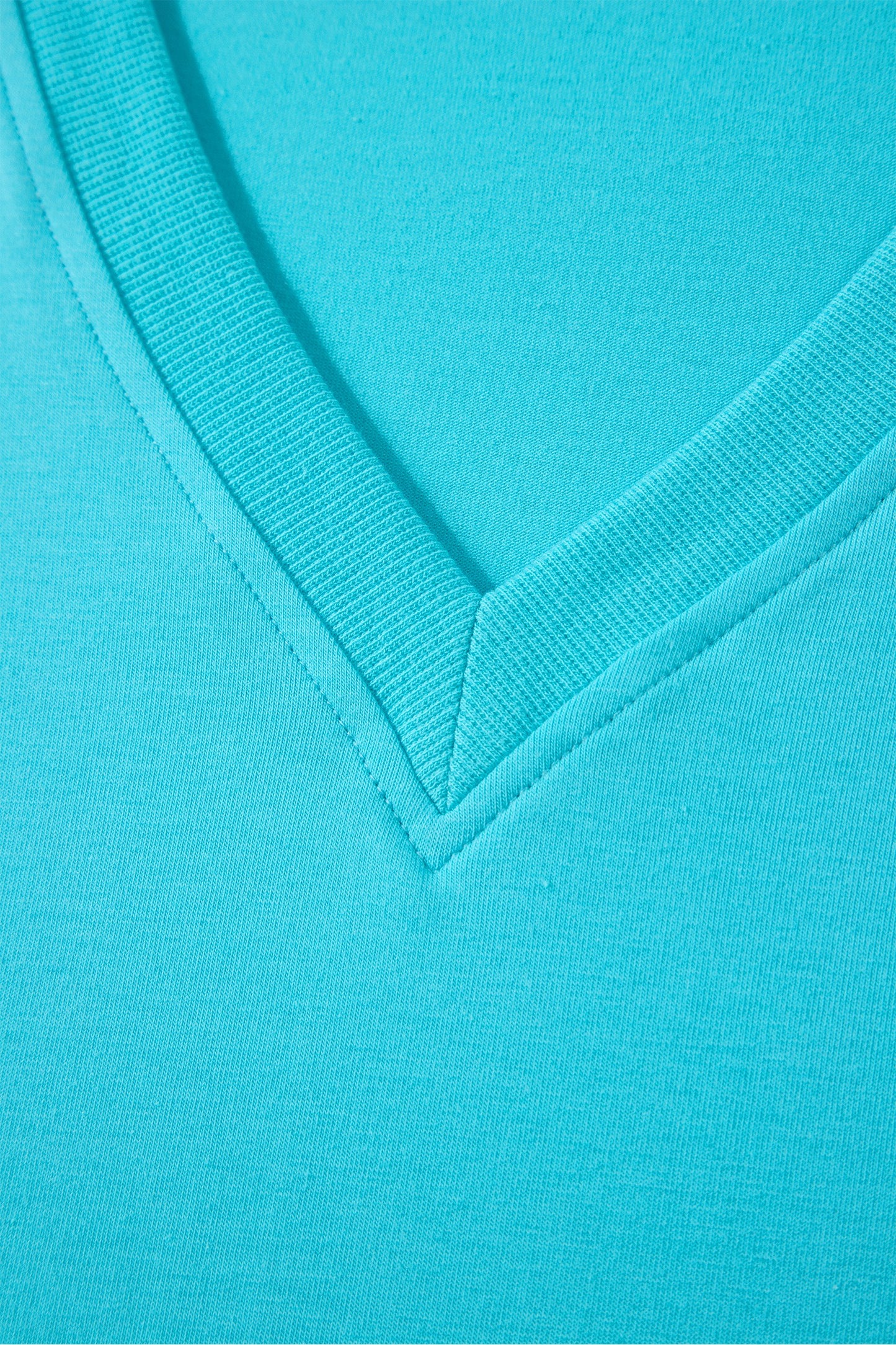 Turquoise Solid Color V Neck Short Puff Sleeve Blouse