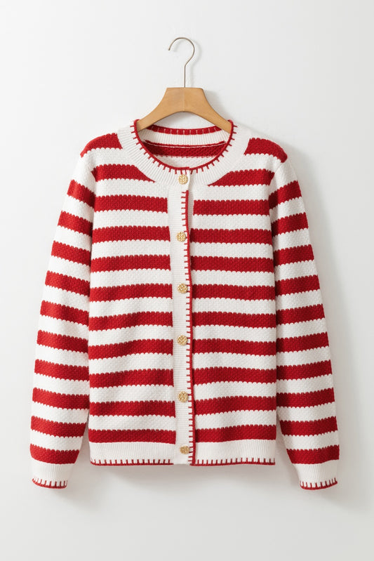 Red Stripe Chic Golden Button Cardigan