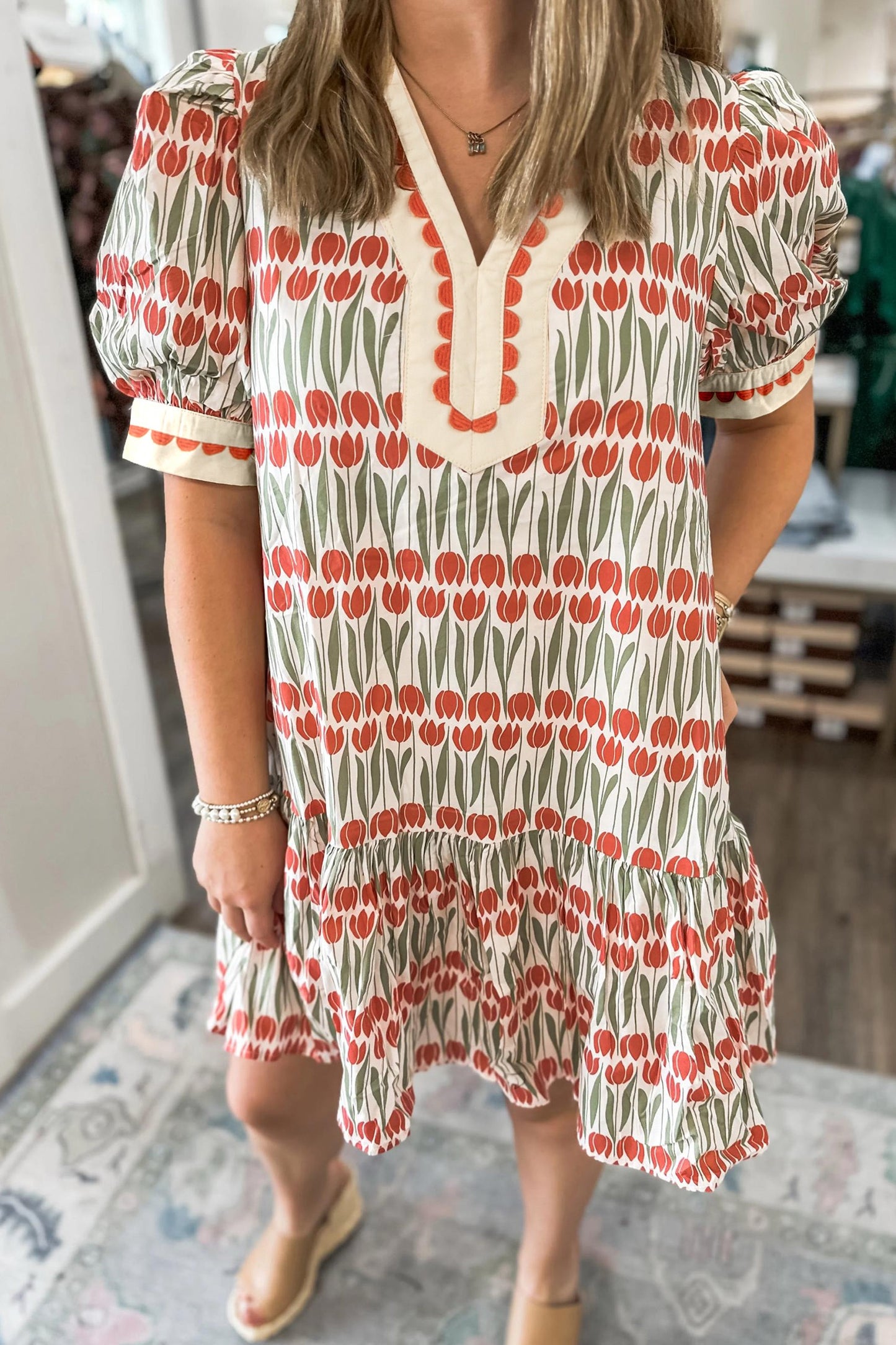 White Tulip Floral Print Puff Sleeve Dress