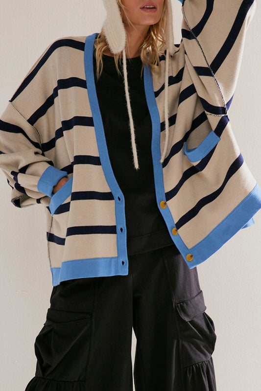 Beige Colorblock Drop Shoulder Buttoned Loose Cardigan