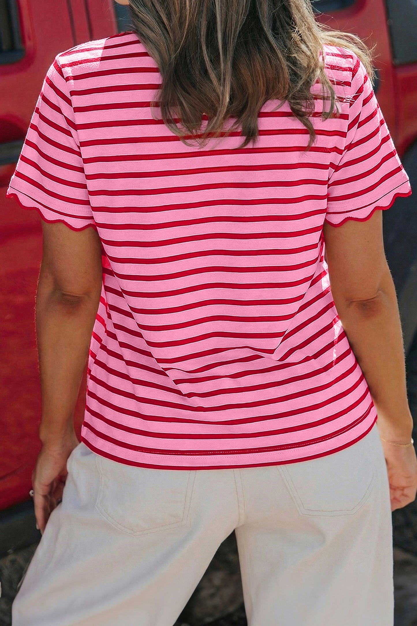 Pink Stripe Scalloped Trim Round Tee