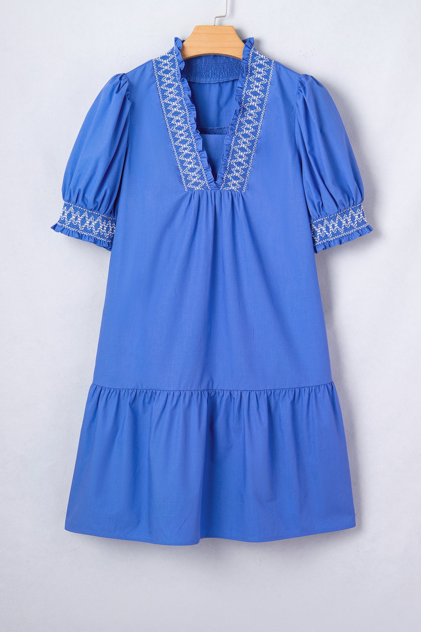 Blue Embroidered Smocked Detail V Neck Short Puff Sleeve Dress