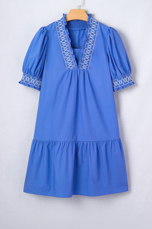 Blue Embroidered Smocked Detail V Neck Short Puff Sleeve Dress