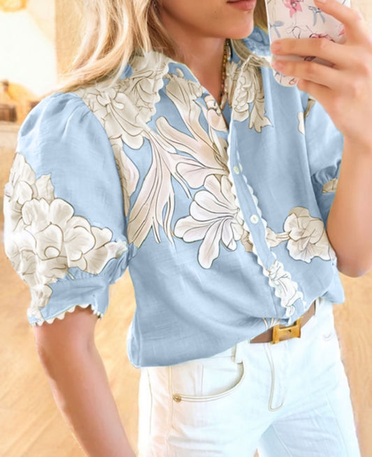 Blue Floral Ric Rac Trim Puff Sleeve Button Up Shirt