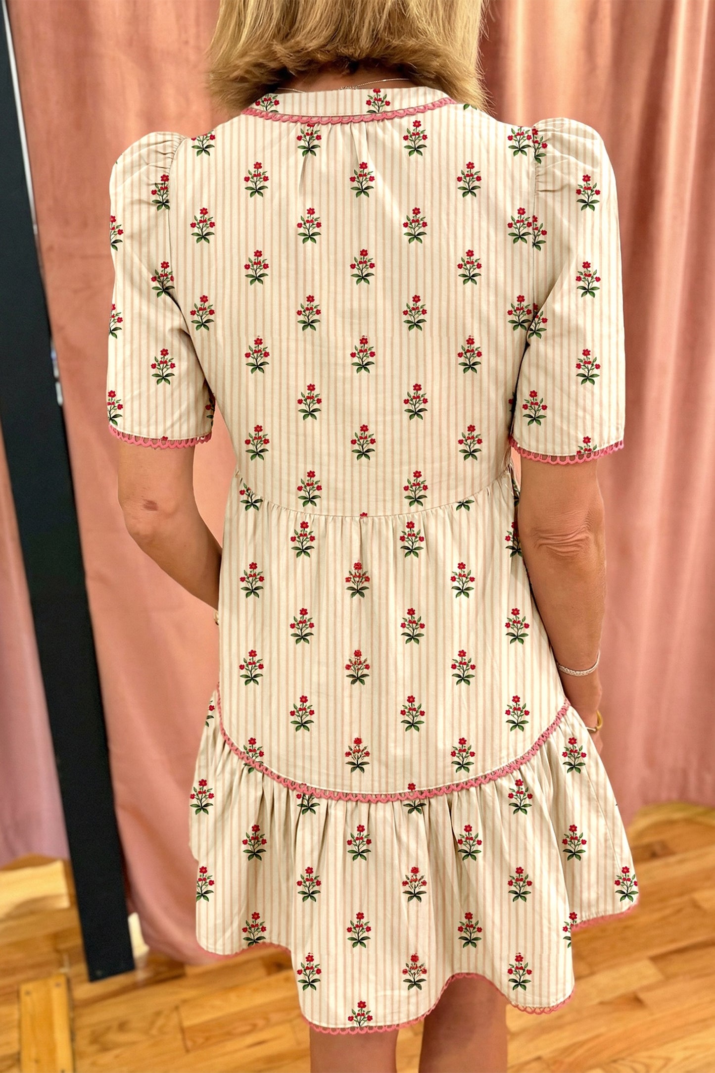 Apricot Striped Floral Print Contrast Detail Ruffle Hem Dress
