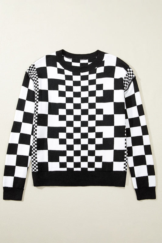 Black Checkered Round Neck Sweater