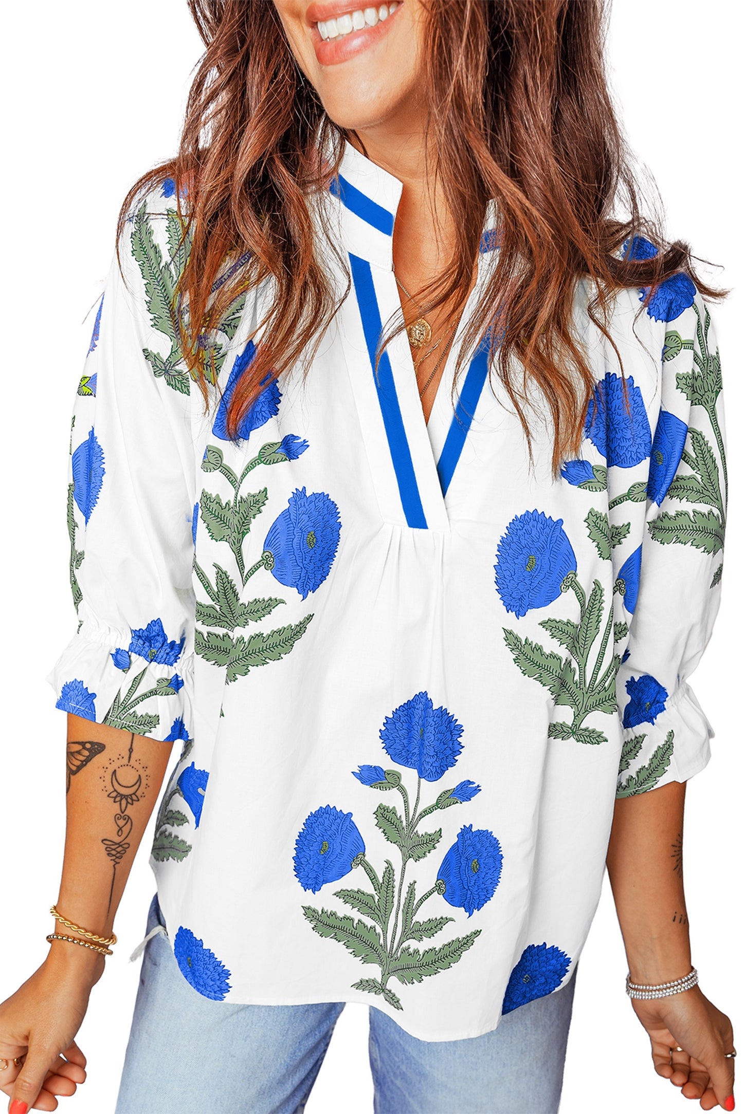Blue Casual Wild Flower Print V Neck Blouse