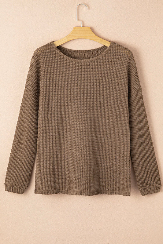 Brown Waffle Knit Drop Shoulder Long Sleeve Top