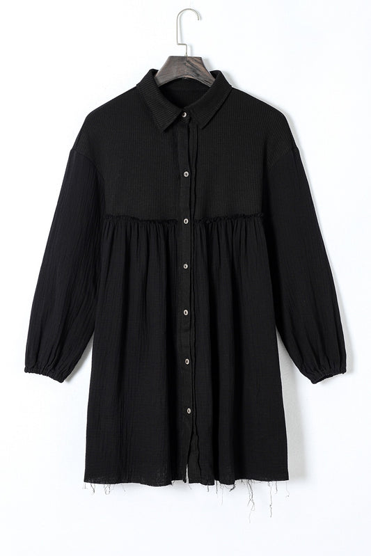 Black Long Sleeve Crinkle Puff Sleeve Shirt Dress