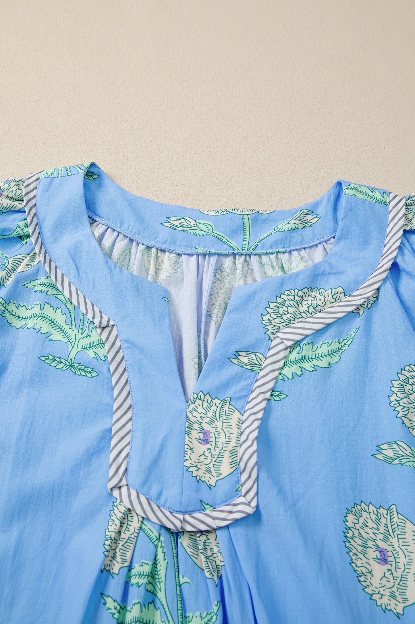 Blue Plus Periwinkle Floral Printed Short Sleeve Striped Trim Split Neck Mini Dress