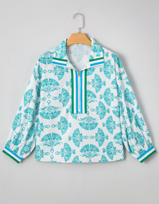 Sky Blue Abstract Print Bubble Sleeve Pop of Color Neck Blouse