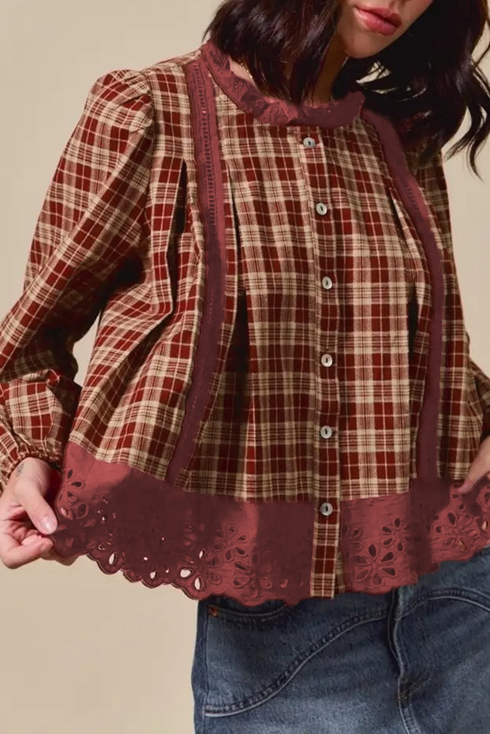 Plaid Eyelet Lace Trim Button Down Loose Long Sleeve Shirt