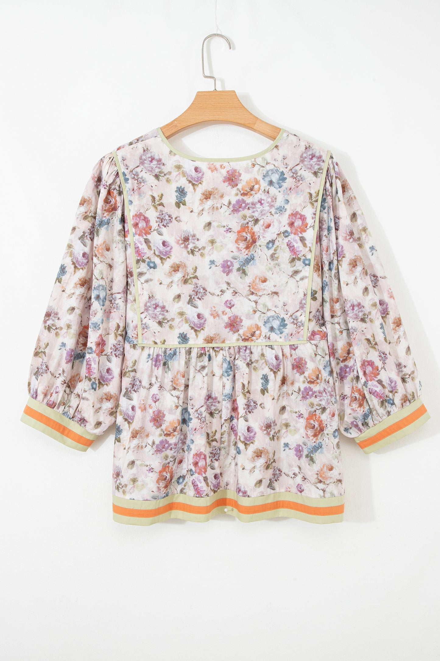 Black Plus Size Floral Print Contrast Trim Striped Detail Babydoll Blouse