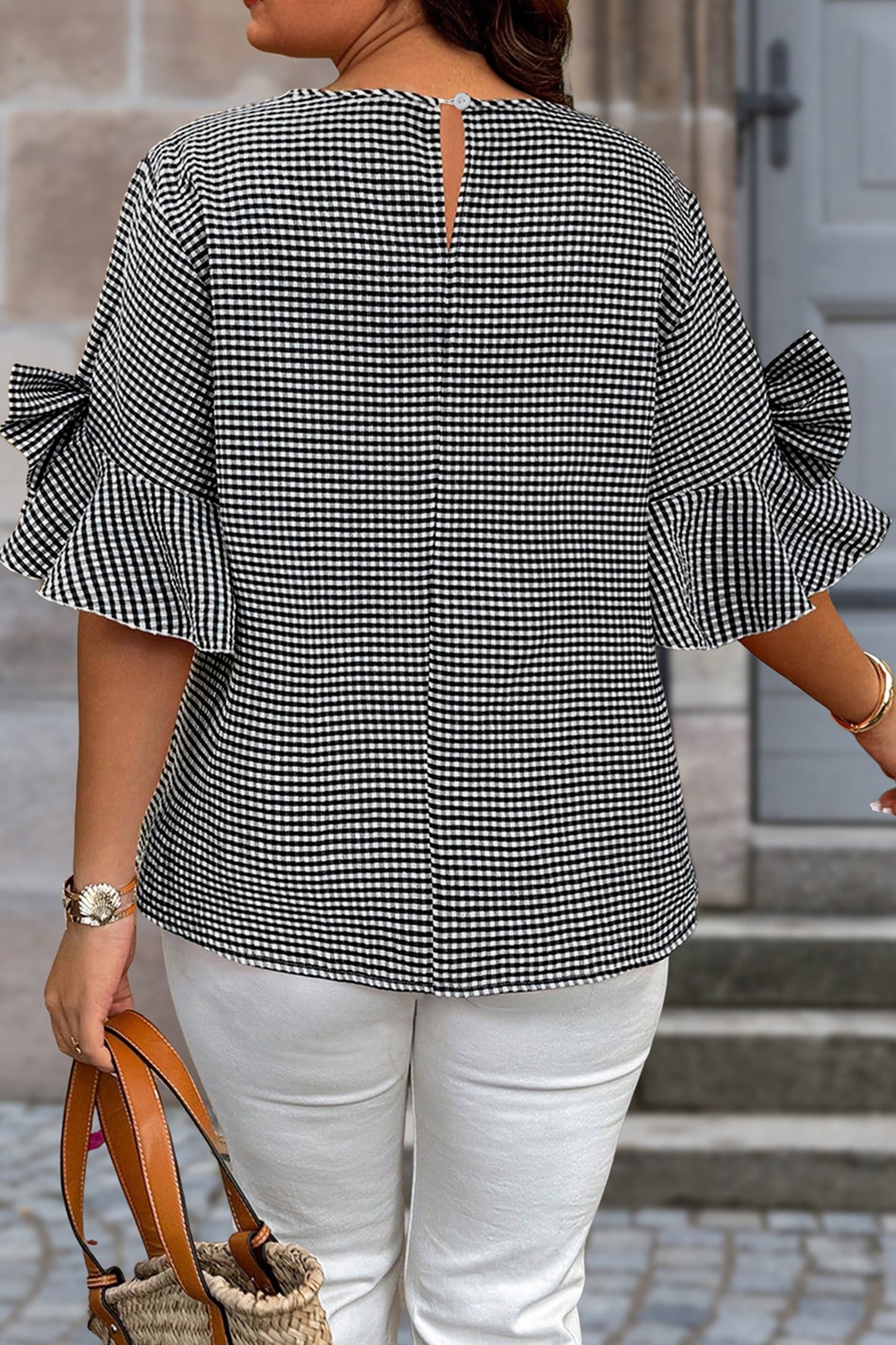 Plaid Bow, Bell Sleeve Round Neck Top