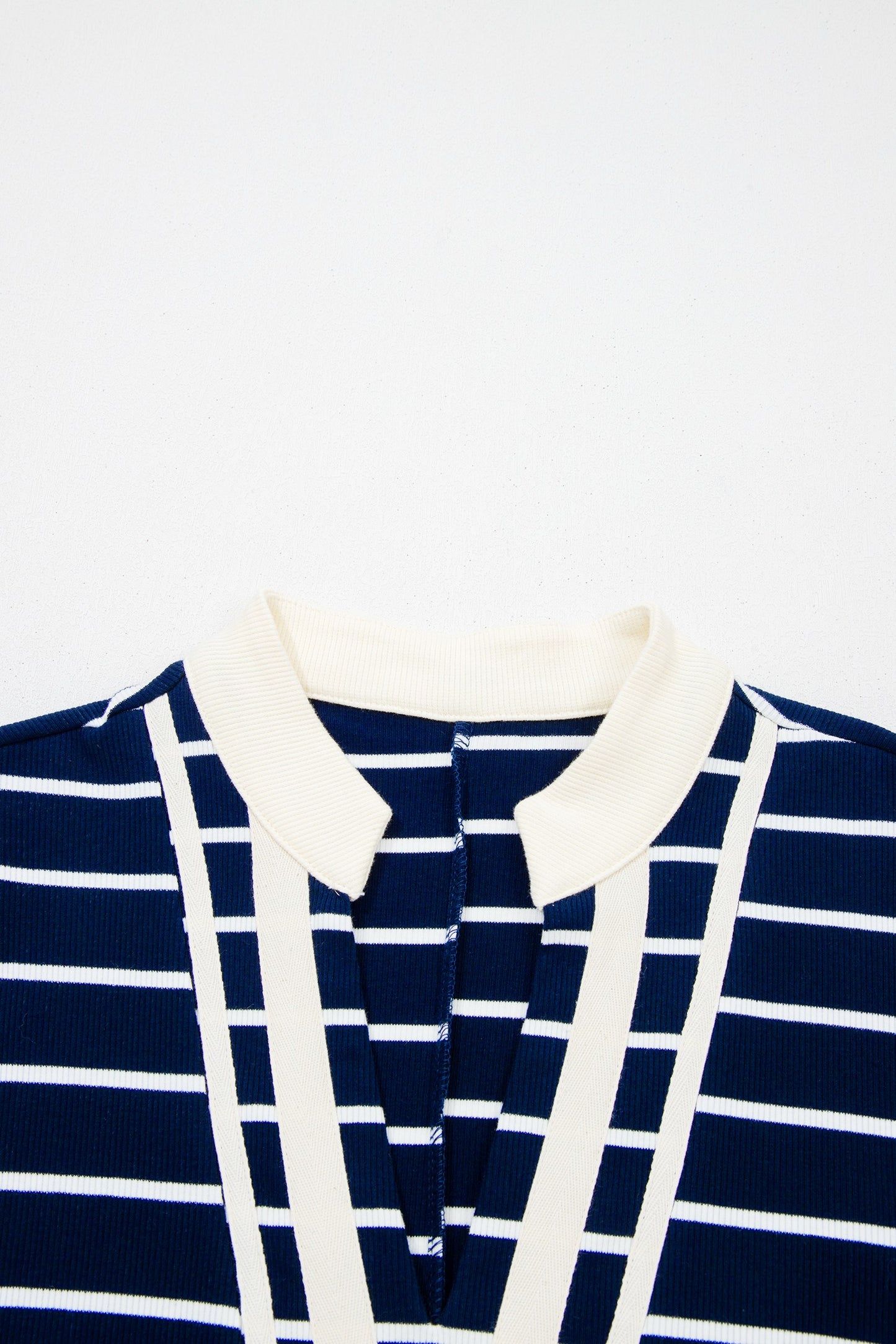 Navy Stripe Stand Collar V Neck Elastic Cuffs Half Sleeve Dolman Top
