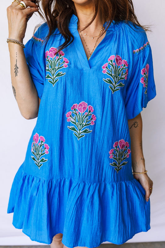 Blue Flower Embroidered Split Neck Short Puff Sleeve Ruffle Hem Dress