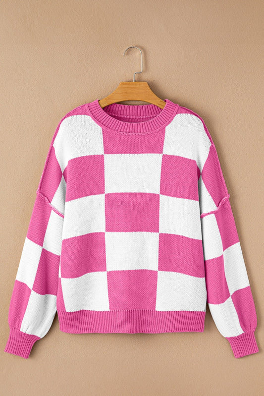 Hot Pink Checkered Bishop Sleeve Sweater