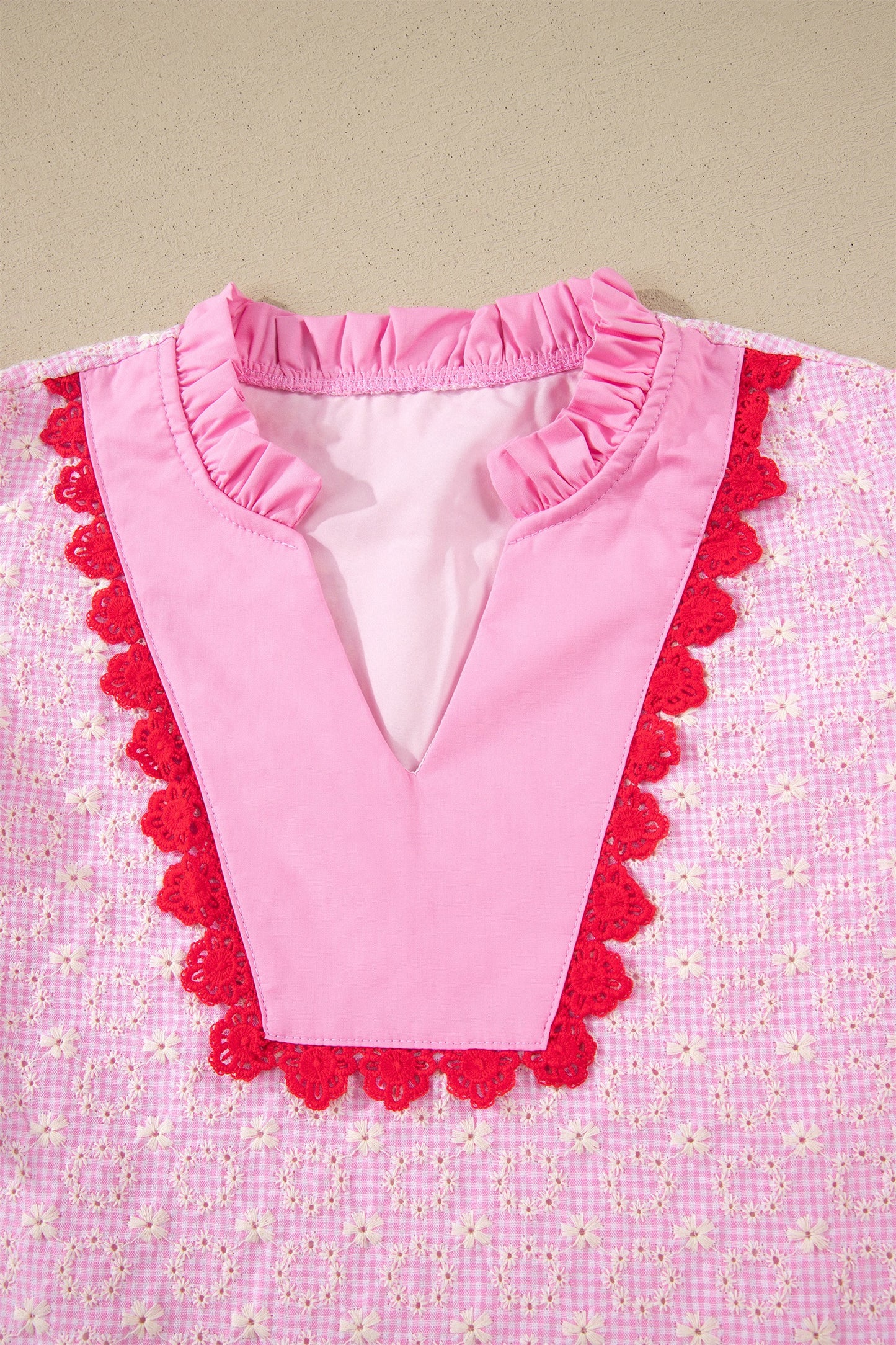 Pink Square Neck Short Puff Sleeve Pleated Floral Blouse
