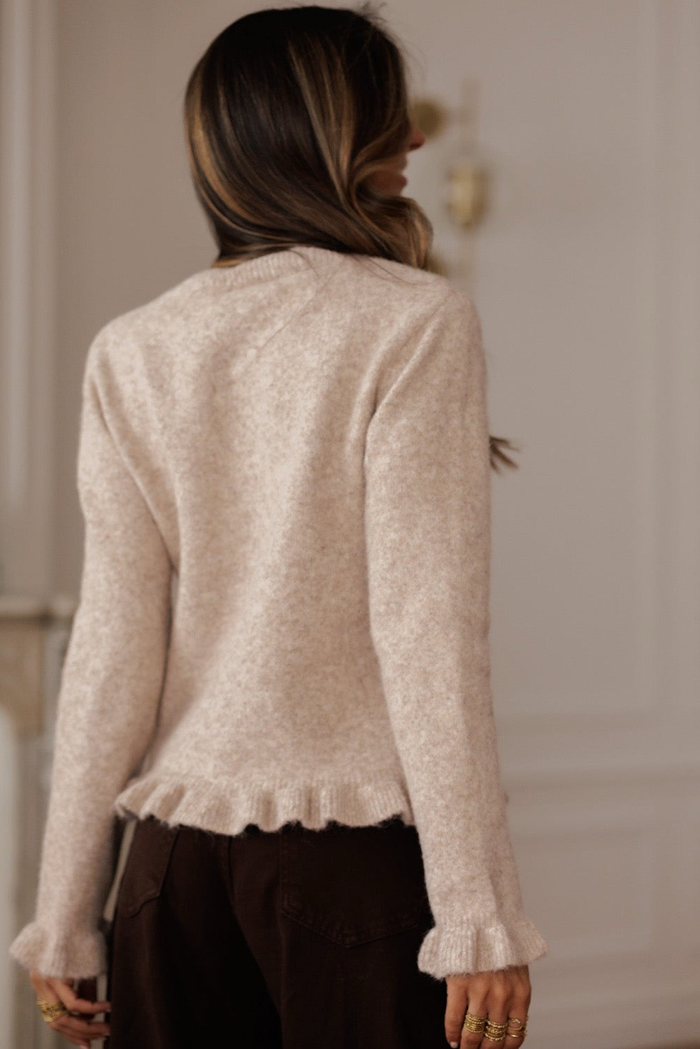 Oatmeal Ruffle Trim Gold Button Cardigan
