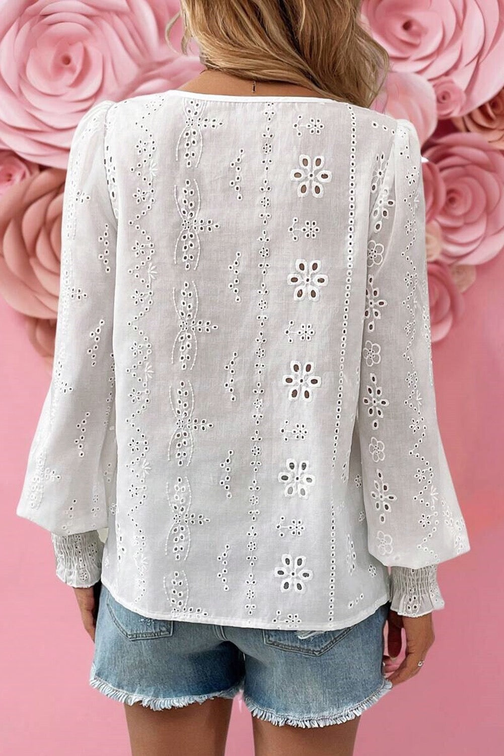 White Eyelet Embroidered Smocked Cuff Blouse