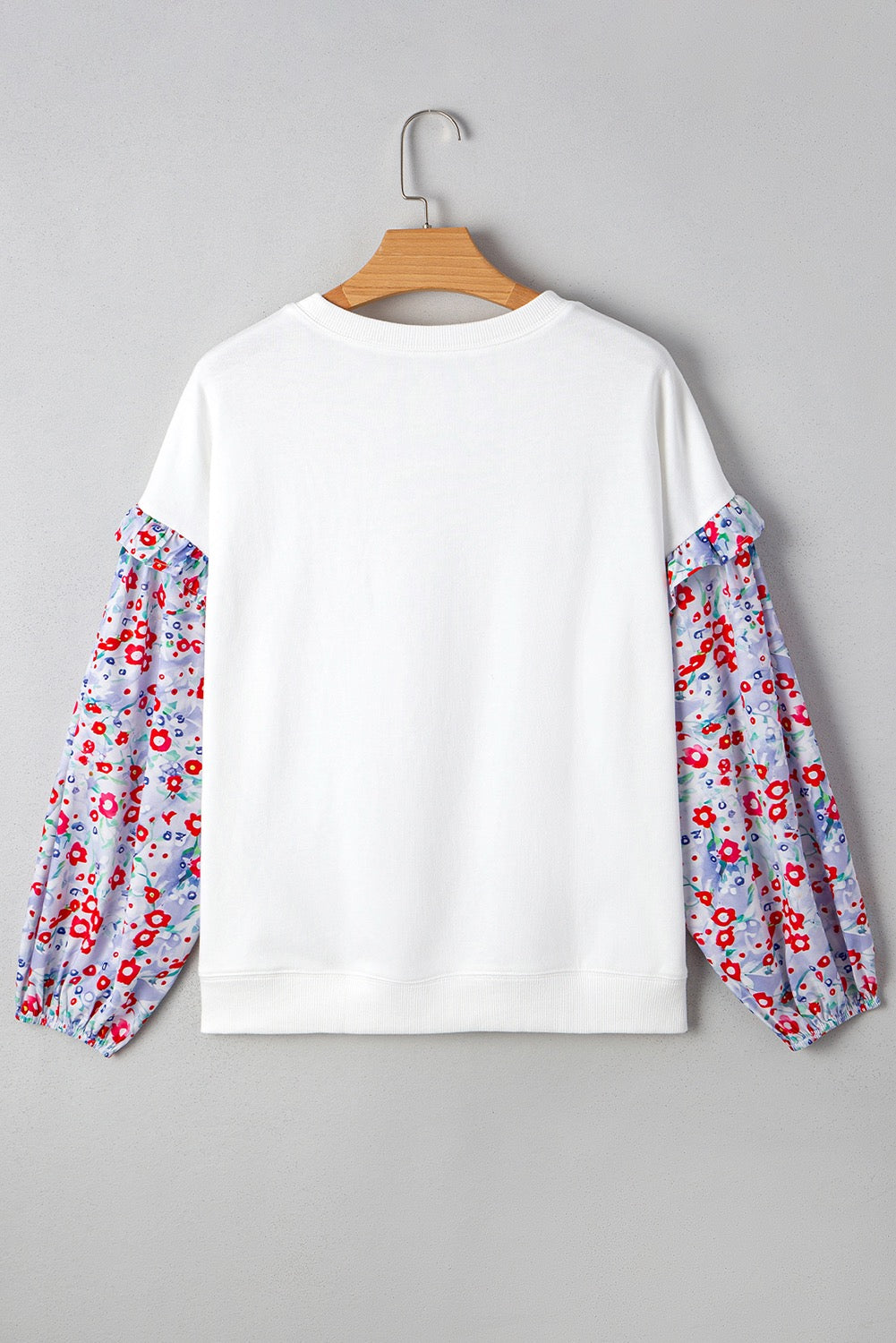 White Floral Ruffled Balloon Sleeve Patchwork Loose Fit Blouse