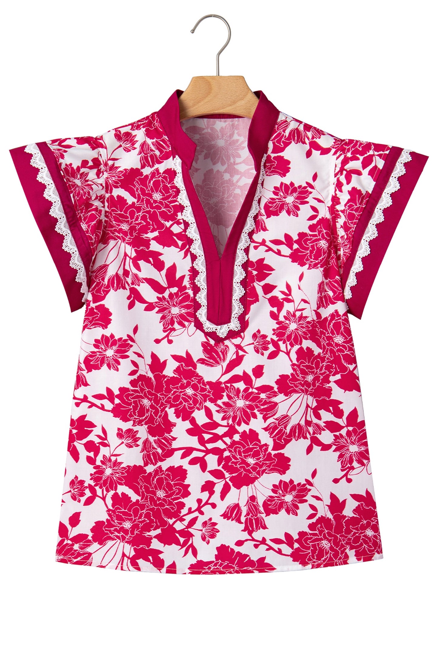 Red Floral Print Color Block Trim Lace Detail V Neck Flutter Sleeve Blouse