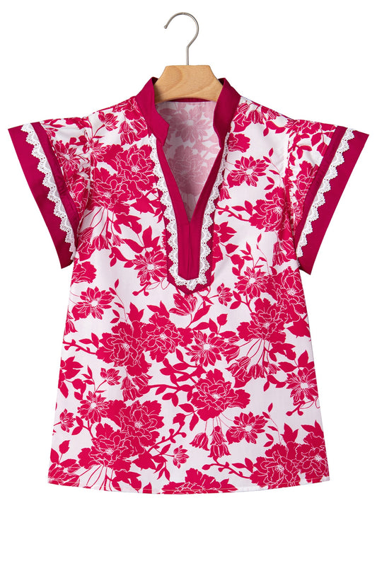 Red Floral Print Color Block Trim Lace Detail V Neck Flutter Sleeve Blouse