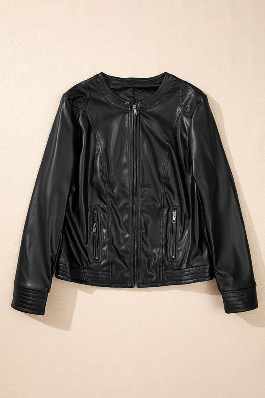 Black Faux Leather Slim Fit Bomber Jacket