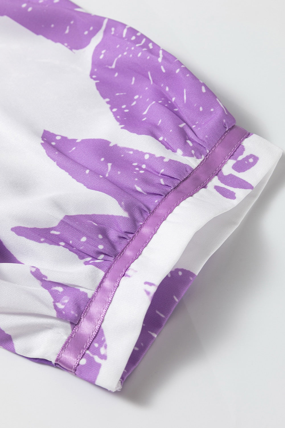 Split Neck Blouse Purple Leafy Print 3/4 Sleeve Striped Trim