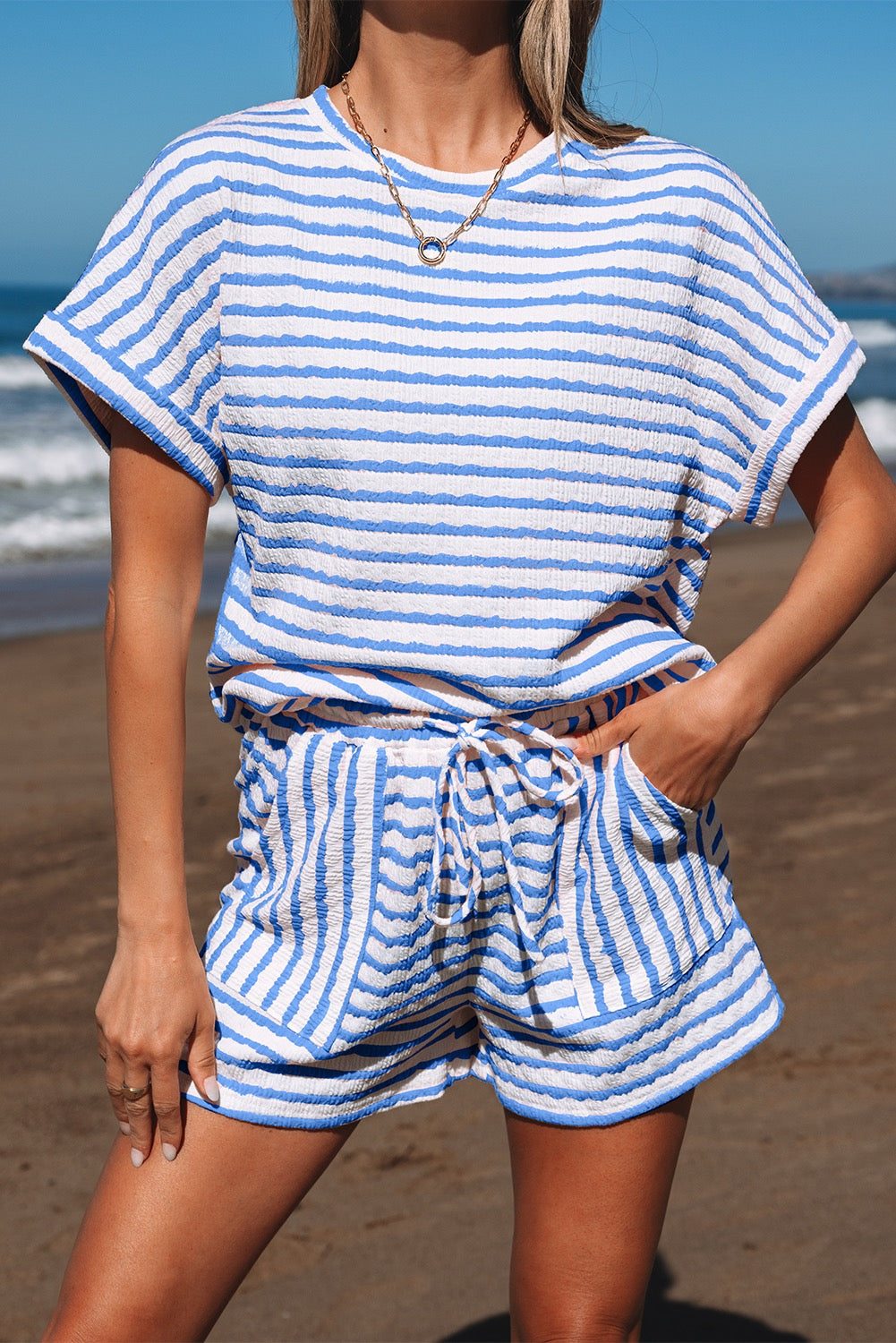 Blue Stripe Knitted Short Sleeve Top and Drawstring Shorts Set