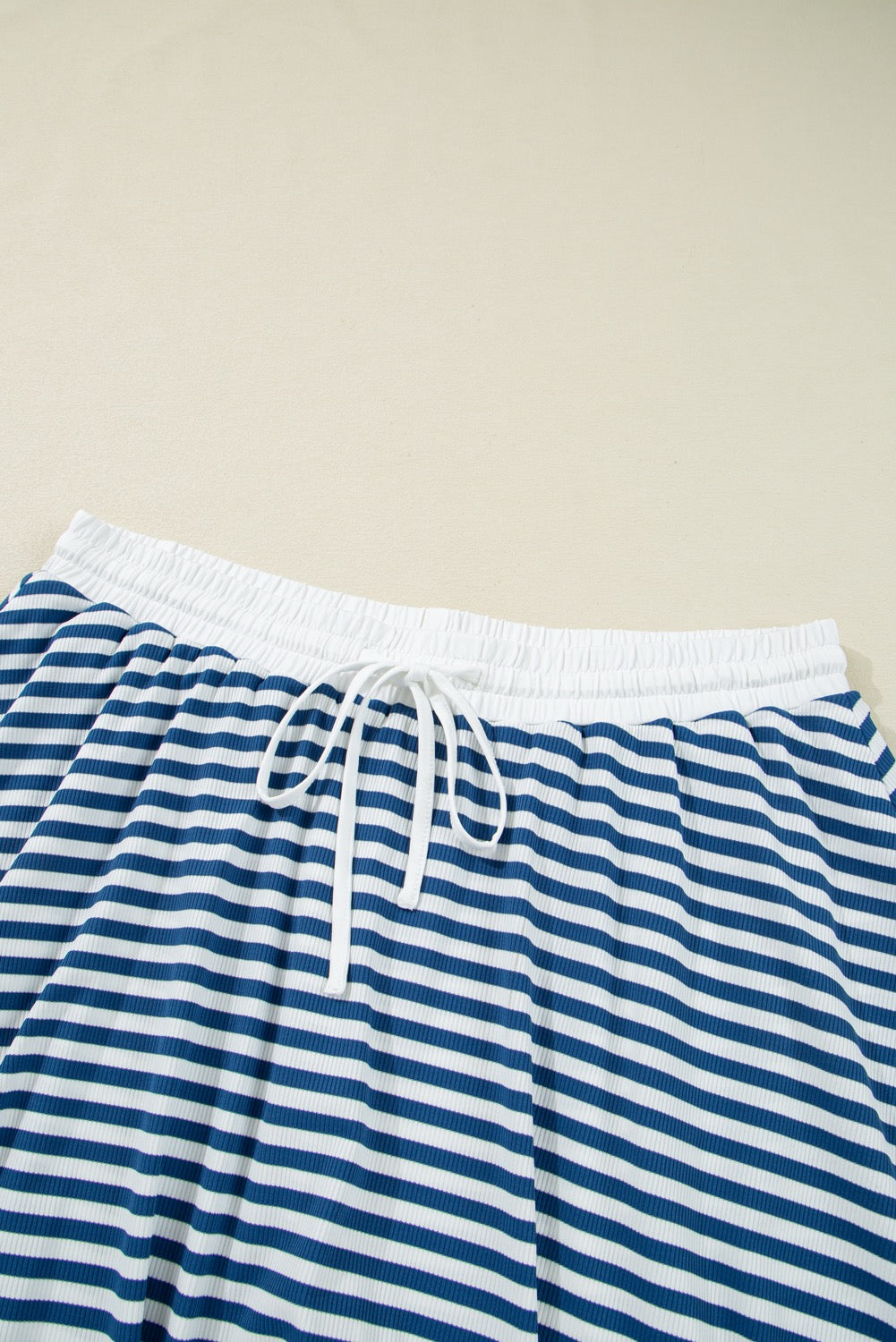 Blue Stripe Short Sleeve Collared V Neck Top Plus Size Shorts Set