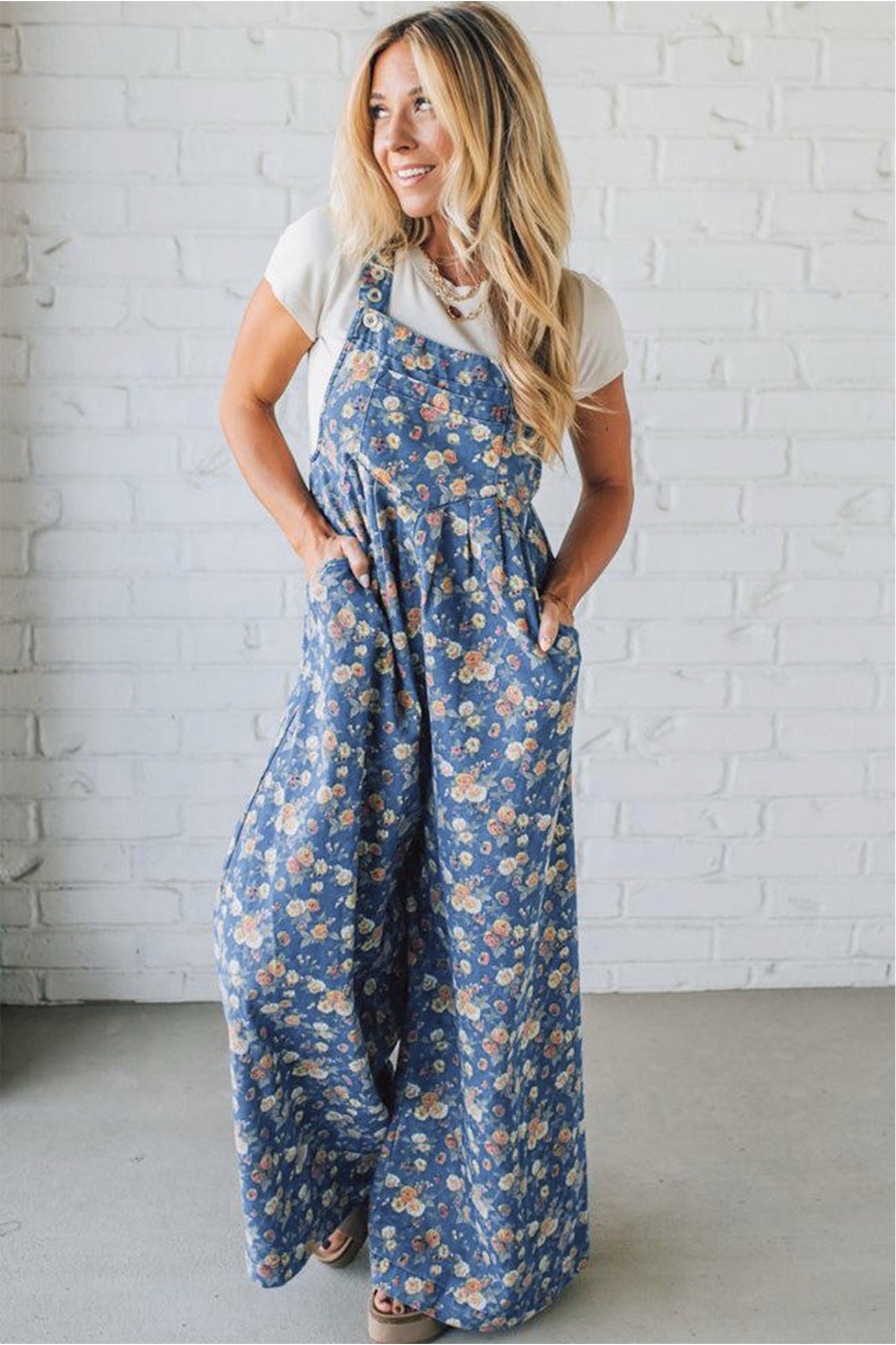 Vintage Rose Printed Pleated Loose Denim Overall (ships 4/5)