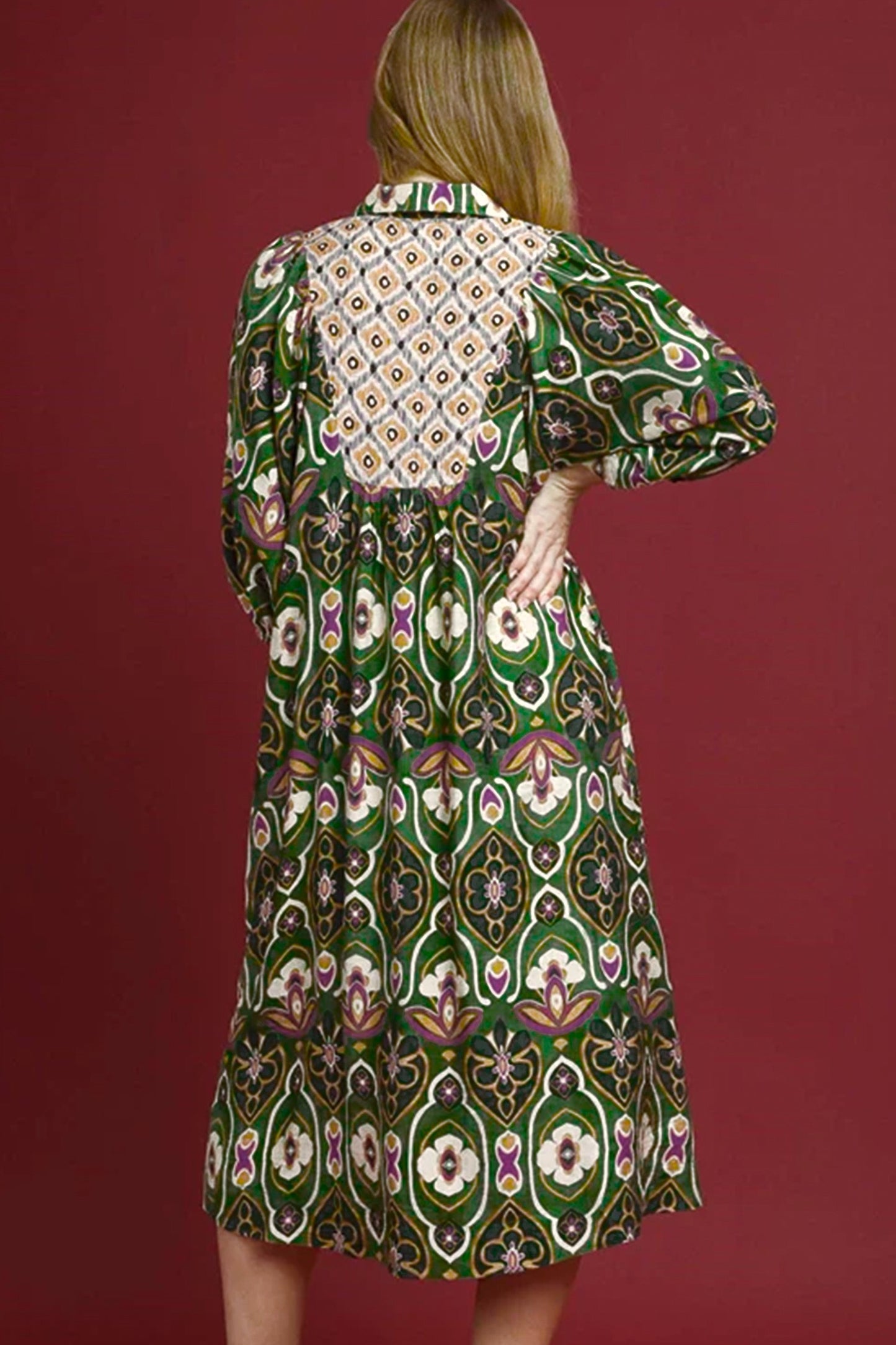 Green Plus Size Mixed Floral Patchwork V Neck Bracelet Sleeve Maxi