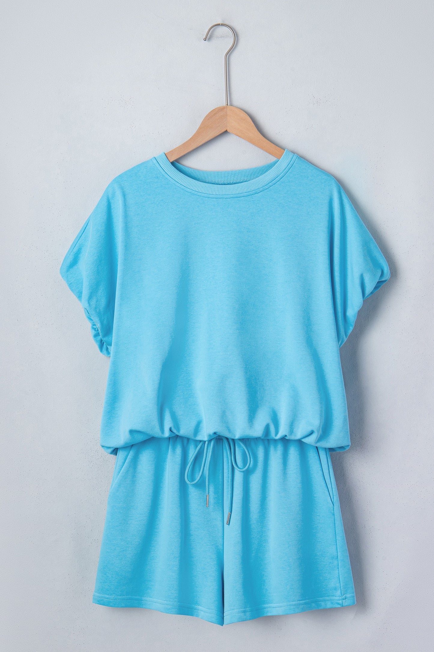 Blue Solid Color Puffy Loose Top Drawstring Shorts 2pcs Outfit