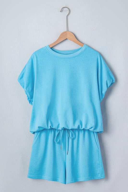Blue Solid Color Puffy Loose Top Drawstring Shorts 2pcs Outfit
