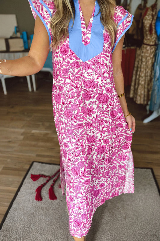 Pink Floral Print Color Block Patchwork V Neck Short Sleeve MIDI