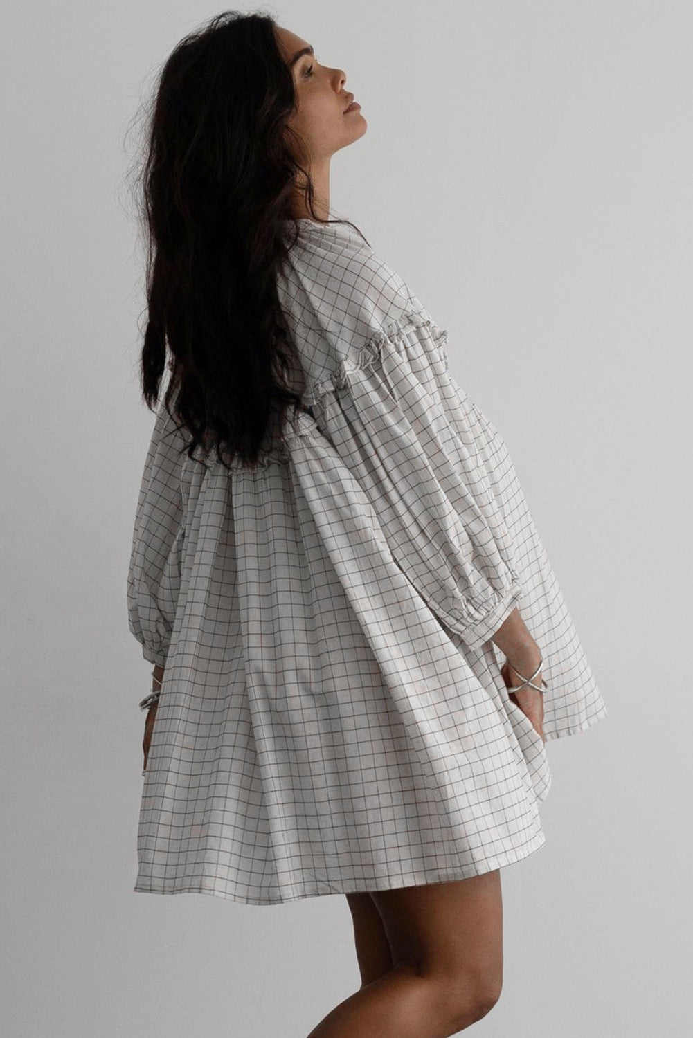 White Stripe Checkered Frill, V-Neck, Bracelet Sleeve Babydoll Dress