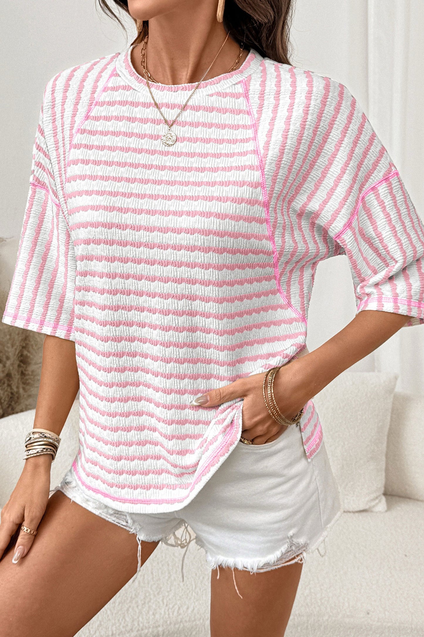 Pink Stripe Scallop Lace Trim Ruffle Short Sleeves Crewneck Top