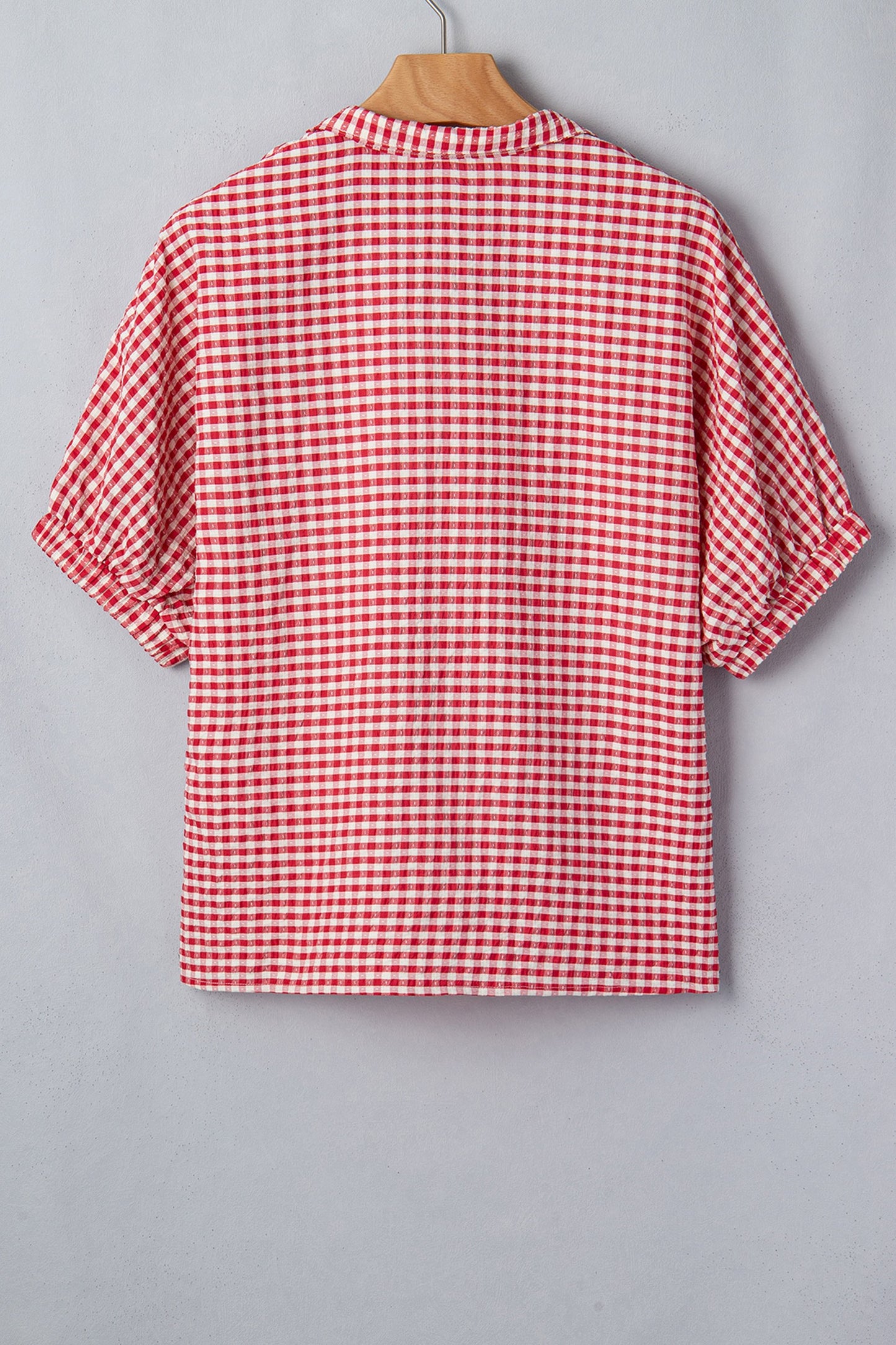 Red Plaid Short Sleeve Colorblock Trim Blouse