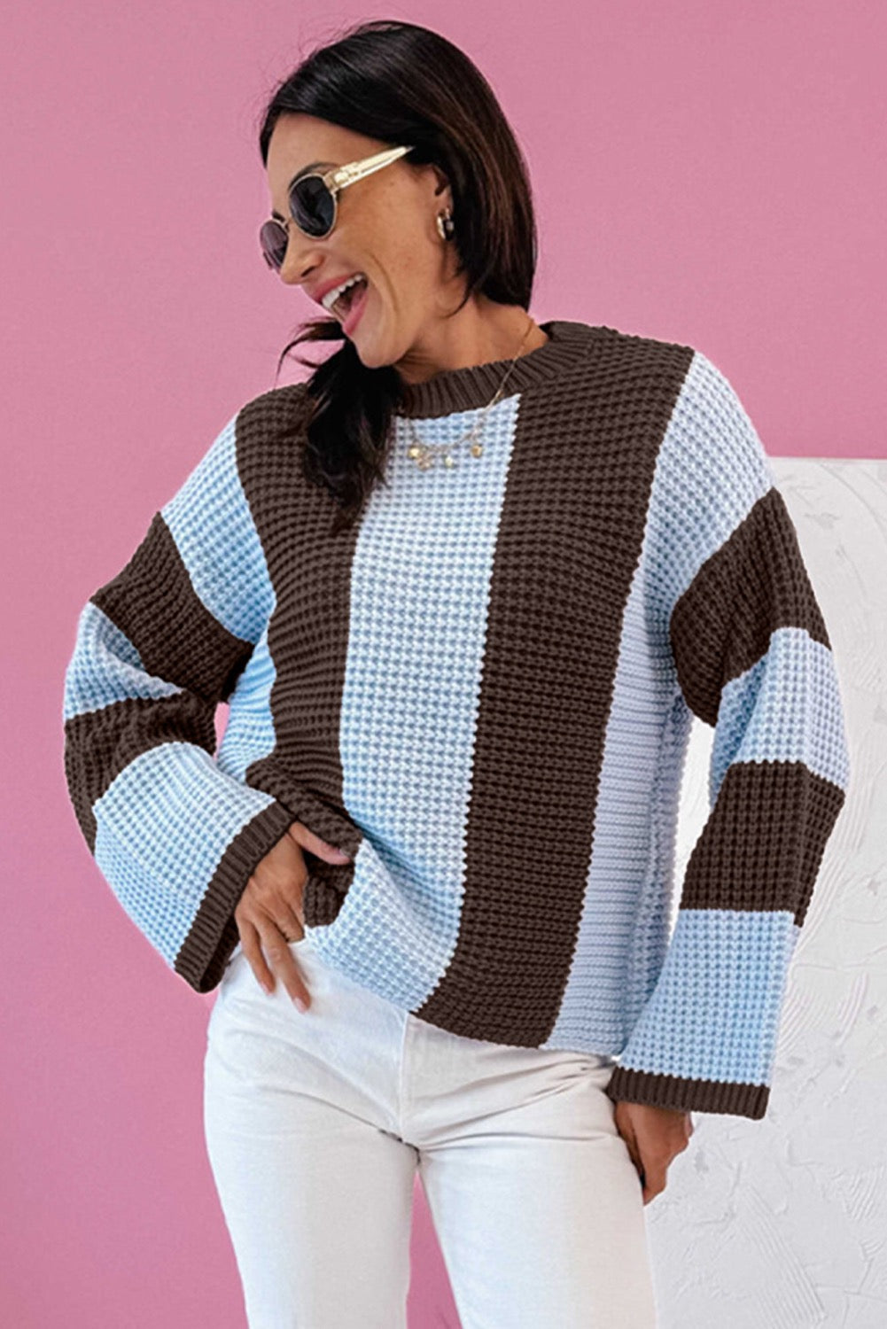 Striped Color Block Thermal Textured Knit Drop Shoulder Sweater