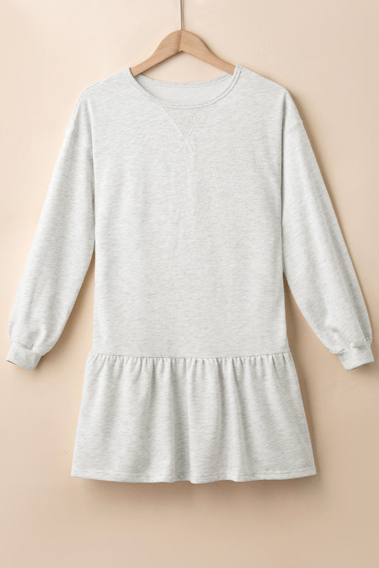 White Solid Color Puff Sleeve Ruffle Hem Dress