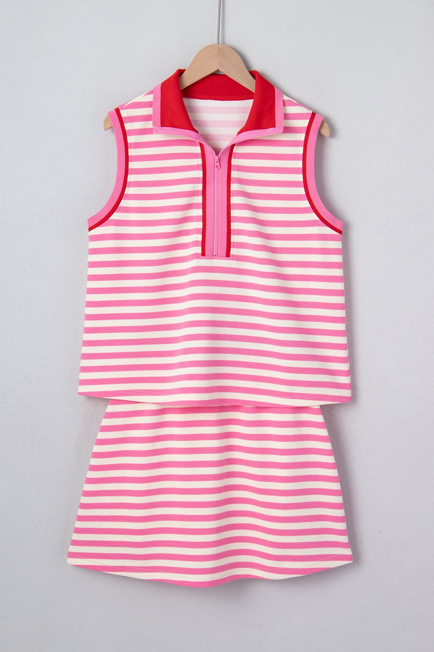 Pink Stripe Contrast Trim Short Sleeve Top Loose Skort 2pcs Casual Outfit