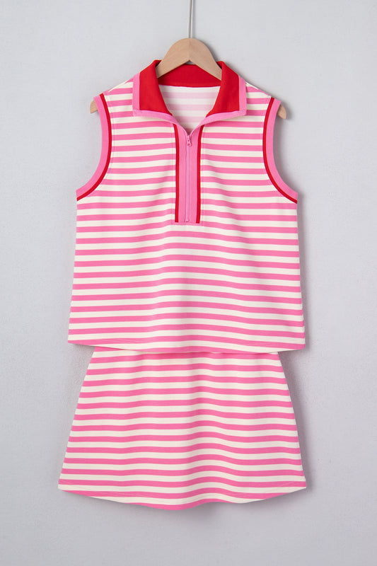 Pink Stripe Contrast Trim Short Sleeve Top Loose Skort 2pcs Casual Outfit
