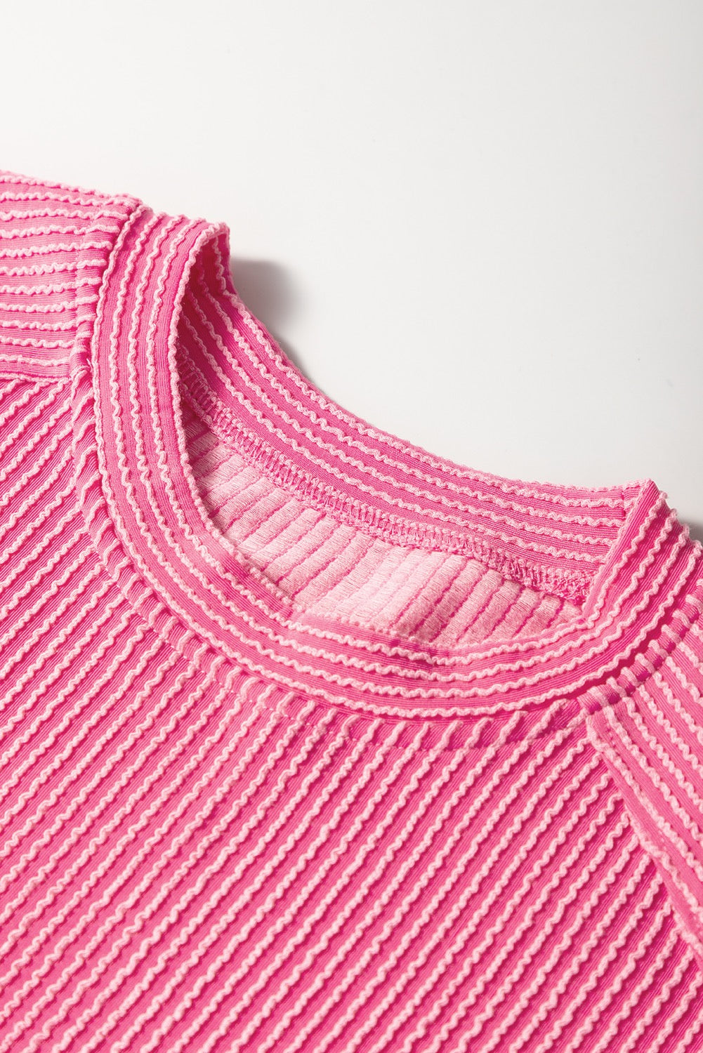 Solid Pink Corded Knit Short Sleeve T Shirt and Wide Leg Pants Set