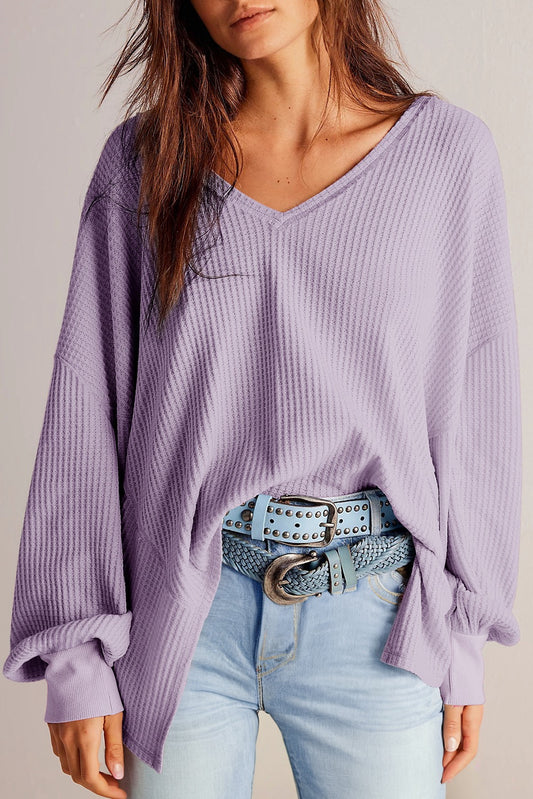 Waffle V Neck Loose Long Sleeve Blouse