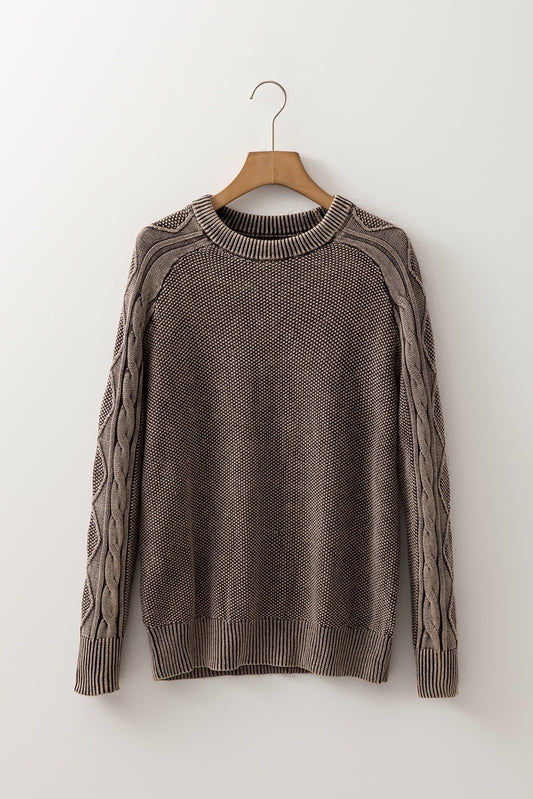 Casual Sweater Dark Brown Contrast Cable Knit Sleeve